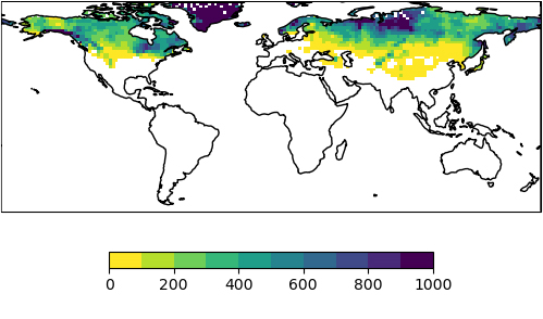 Data map for assimilation of IMS snow cover - analysis snow depth (mm) 2016