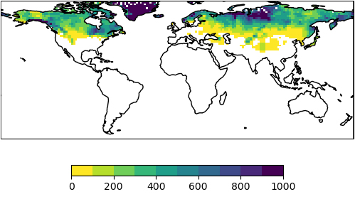 Data map for Assimilation of IMS snow cover - background snow depth (mm) 2016