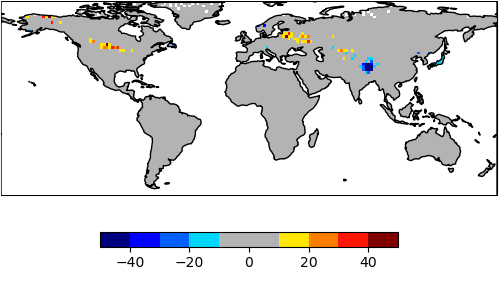 Data map for Assimilation of IMS snow cover - increment snow depth (mm) 2016