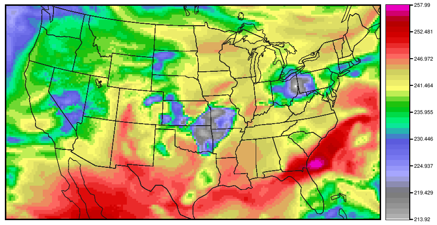 Infrared map of mid-level troposphere water vapor based on forecast output for the Geostationary Operational Environmental Satellite 16 (GOES-16) Channel 9 field in the UPP.