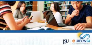 Image shows a group of students in a library with laptops and books, studying together with obscured faces. Below that picture are the logos of JSU and UIFCW24.