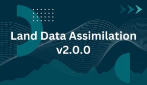 Abstract white waves with teal geometric shapes on dark background page banner for UFS Land Data Assimilation (DA) System v2.0.0 Release