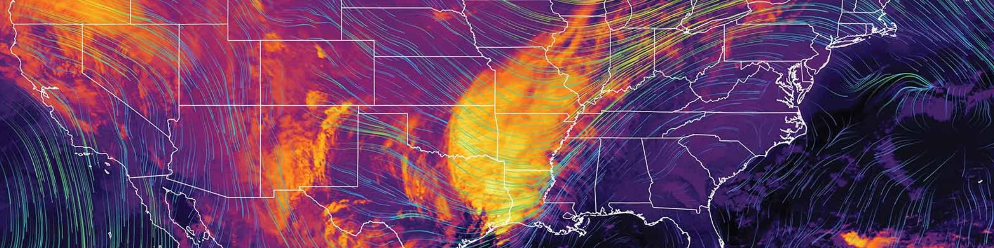 Colorful weather map showing wind patterns and storm formation over the United States, useful for meteorological analysis and forecasting