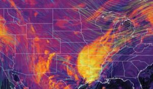 Colorful weather map showing wind patterns and storm formation over the United States, useful for meteorological analysis and forecasting