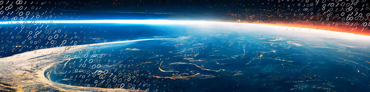 Global Data Network and Digital Transformation Concept with Earth from Space Background image with digital data stream surrounding Earth from space with sunrise and binary code overlay