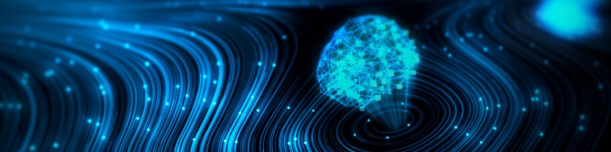 A digital illustration of a glowing blue wireframe sphere with light particles, centered on a background of flowing blue lines that create a visual effect of digital waves or ripples.
