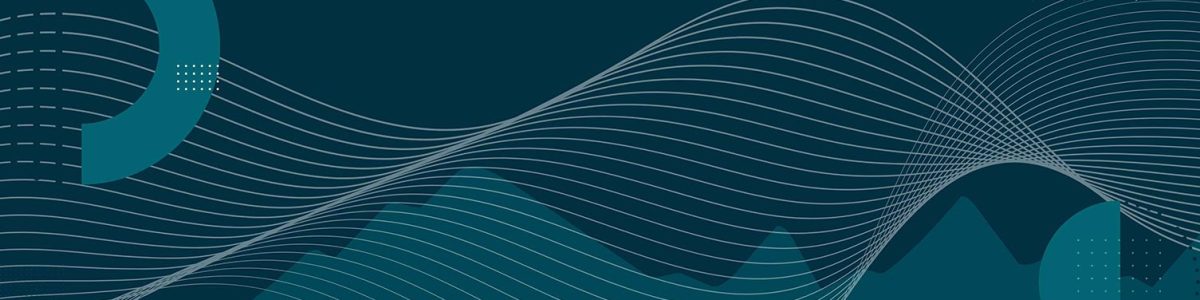 Abstract white waves with teal geometric shapes on dark background page banner for UFS Land Data Assimilation (DA) System v2.0.0 Release